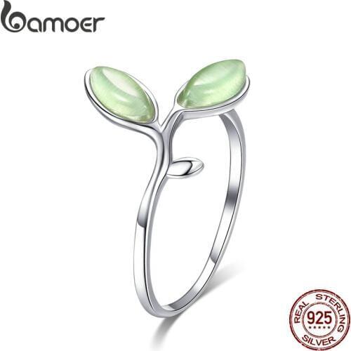 BAMOER 925 Sterling Silver Hope Green Tree Leaves Tree Buds Female Finger Rings for Women Sterling Silver Jewelry SCR453