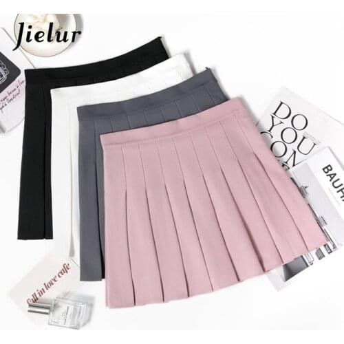 Jielur 2021 Summer Preppy Style High Waist Skirts for Womens 4 Colour A-line Pleated Skirt Solid Colour Mini Skirt Student S-XXL