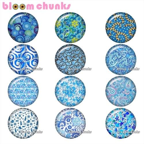 Pretty flower blue Retro pattern Round photo glass cabochon demo flat back Making findings 12mm/18mm/20mm/25mm A8345