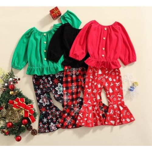 Fashion Kid Girls Christmas Clothes Sets 2pcs Solid Button T Shirts Tops Snowflake Plaid Bell-Bottoms Pants 1-5Y