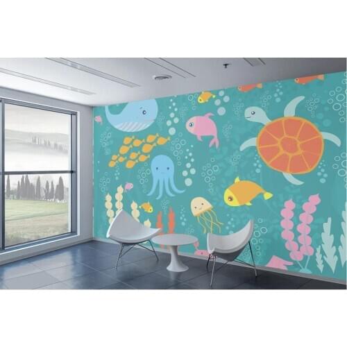 Custom mural 3d wall mural Cartoon underwater kingdom fish dolphin tortoise home decor photo wallpaper for living room