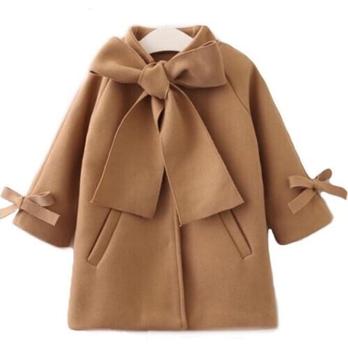 Baby Girls Overcoat Woolen Bowknot Single Breasted Coat for Girls Toddler Outerwear Winter Warm Wool Coat Clothes Snowsuit 3-9Y