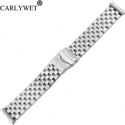 CARLYWET 22mm Silver Hollow Curved End Solid Links Replacement Watch Band Strap Bracelet Double Push Clasp For Seiko