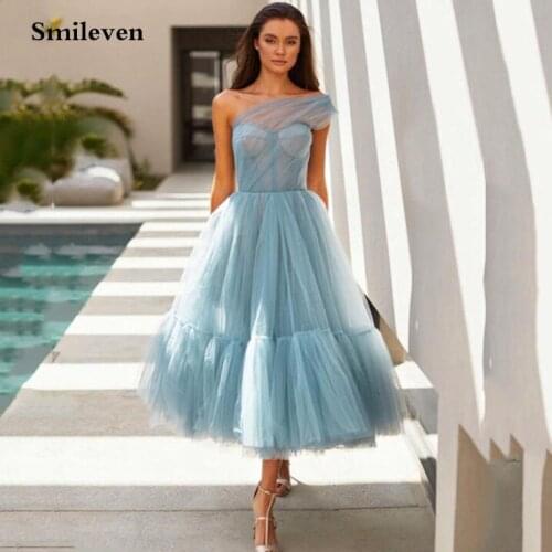 Smileven Dusty Blue Sexy One Shoulder Prom Dresses Tea Length A Line Elegant Lady Corset Formal Party Gowns