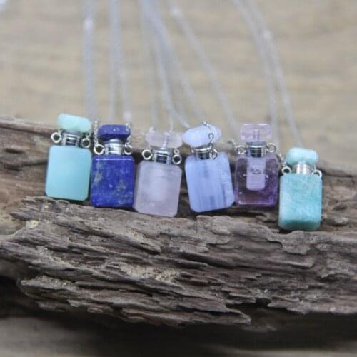 Silvery Chains Mini Rectangle Crystal Essential Oil Vial Pendants Lapis Amethysts Perfume Bottle Charms Necklace Jewelry QC1020