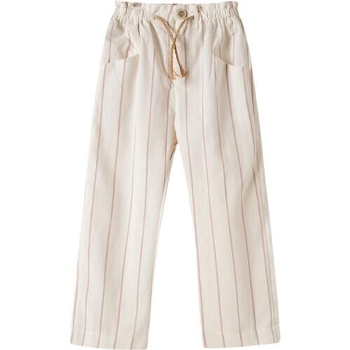 Spring Childrens Clothing Girls Casual Pants New Cotton Linen Striped Straight Pants Fashion Wild Kids Clothes