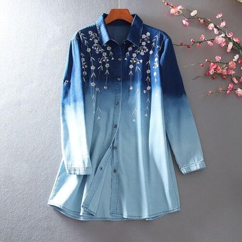 Womens Autumn Winter Designer Floral Embroidery Gradient Long Cotton Denim Shirt Female Casual Loose T Shirt Top TB1448