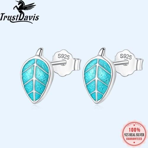 TrustDavis 100% 925 Sterling Silver Womens Jewelry Fashion Tiny 5mmX9mm Blue Leaf Stud Earrings Gift For Girls Kid Lady DS209