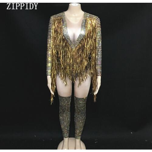 Fashion Gold Fringes Rhinestones Sexy Bodysuit Women Jazz Dance Big Stretch Leotard Outfit Evening Show One-piece Costume Wear