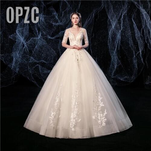 OPZC Real photo Luxury Lace Sequined Champagne Wedding Dress 2020 New Vestido De Noiva V-Neck Short Sleeve Elegant Gowns Bride
