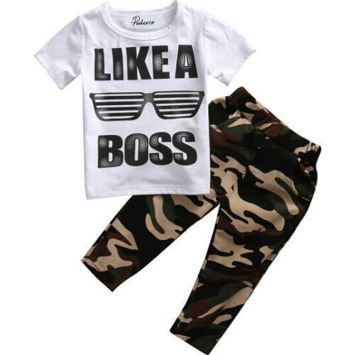 2pcs Kids Baby Boy Camouflage Outfits Clothes Sets LIKE A BOSS Print Short Sleeve T-shirt Tops+Camouflage Pants Outfits Cotton