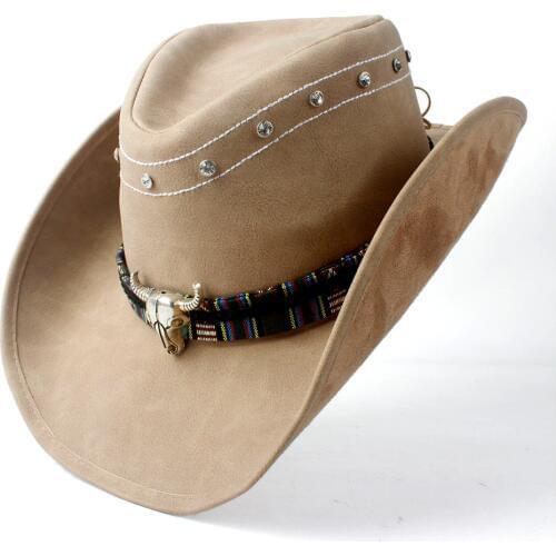 2019 Western Cowboy Cowgirl Leather Hat Wide Brim Hat Bull Head Leather Band