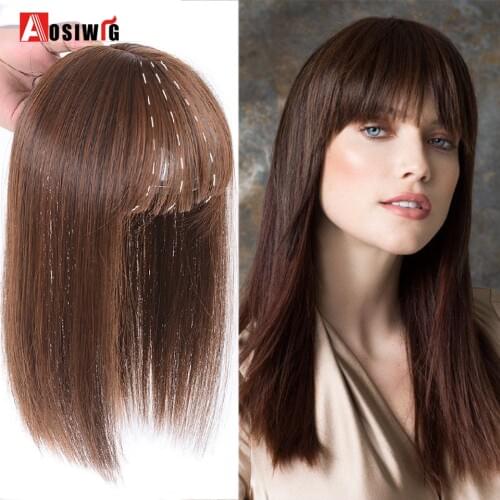 AOSIWIG Clip in Hair Top of head Hair Closure Synthetic Hairpiece Hair Extension with Natural Fake Fringe Air Bangs