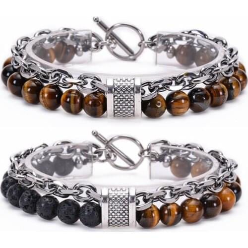 8MM Natural Map Stone Mens Beaded Bracelet for Women Stainless Steel Chain Bracelets Male Jewelry Tiger Eye 8 inch