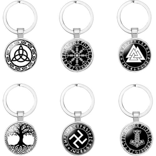 Viking Compass Keychain Nordic Runes Odin Symbol Keyring Glass Metal Punk Key Chain for Car Keys Bags Men Fashion Jewelry Gift