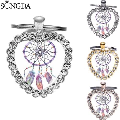 Lovely Delicate Dreamcatcher Heart Keychain Dream Catcher Color Feather Glass Cabochon Heart Pendant Key Chain Bag Charm Gift