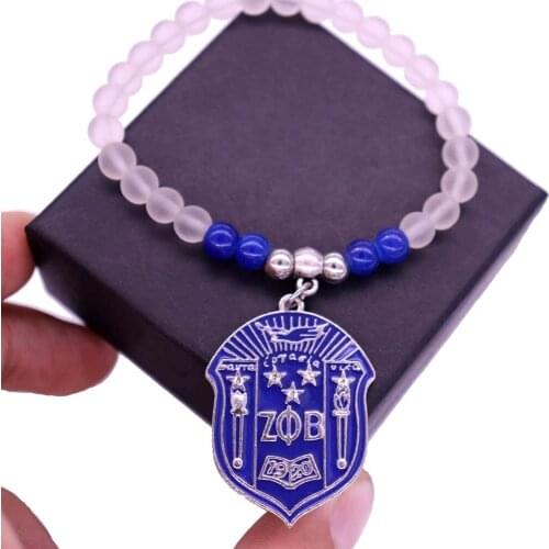 Double Nose New Arrival Blue Enamel Crystal Zeta Phi Beta Shield Beaded Elastic Sorority Bracelets Handmade