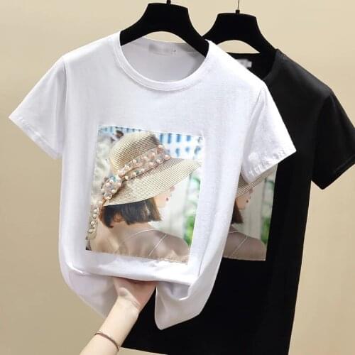 Summer Tops Short Sleeve T Shirt Women Beading T-Shirt Female Korean Cotton White Black Tshirt Woman Clothes Tee Shirt Femme