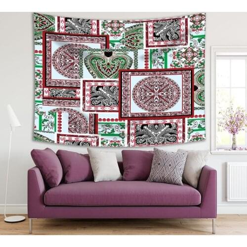Tapestry Mosaic Style Patchwork Quilt Pattern Floral Motives Vintage Decorative Artwork Red White Green