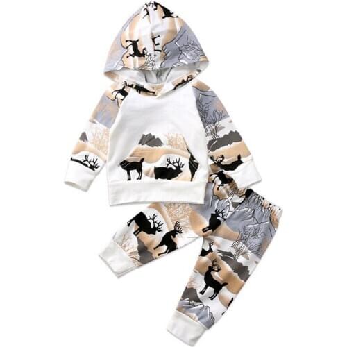 Newborn Baby Boys Girls Clothes Set Autumn Long Sleeve Xmas Deer Print Hooded Tops Leggings Pants Cute 2Pcs Outfits 0-24M