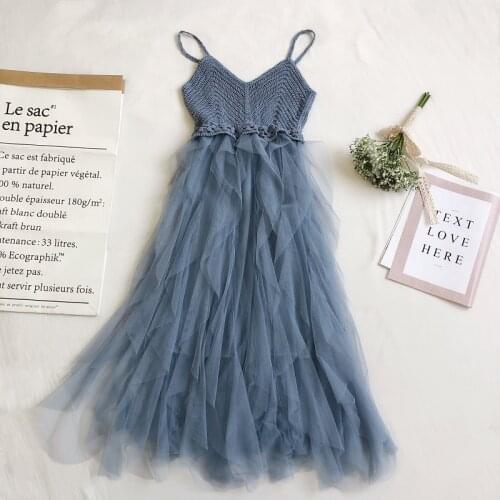 Summer Women V-Neck Backless Knitted Mesh Gauze Cake Dress Sexy Lady Irregular Elastic Slim Pullover Chic Layer Ball Gown Dress