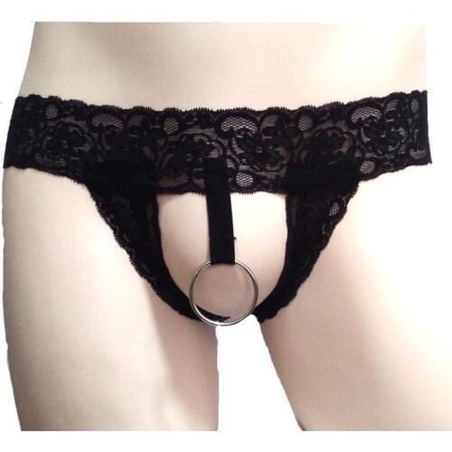 Men Sexy Thongs Stretch Lace G-string with Cock Ring Briefs Jock Strap Panties Bikini Sissy Transformation Underwear