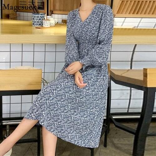 New Arrival V-Neck Midi Summer Dress Women Chiffon Long Sleeve Elegant Dress Loose Floral Dresses For Women Party Vestidos 12093