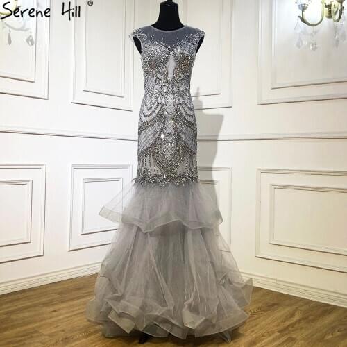 Serene Hill Luxury Mermaid Grey Eveing Dresses Gowns 2021 Beading Elegant Sleeveless Sexy For Women Party LA70999