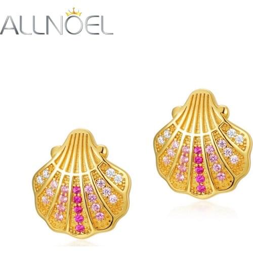 ALLNOEL Brass Stud Earrings For Women Trendy Style Gold Plated Copper Earrings Jewelry Shell New Shape Rainbow Zircon Jewelry