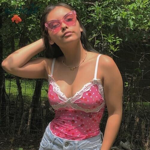 SUCHCUTE Spaghetti Straps female T-shirt lace patchwork tees sexy tops summer 2020 vintage gothic shirt with print women clothes