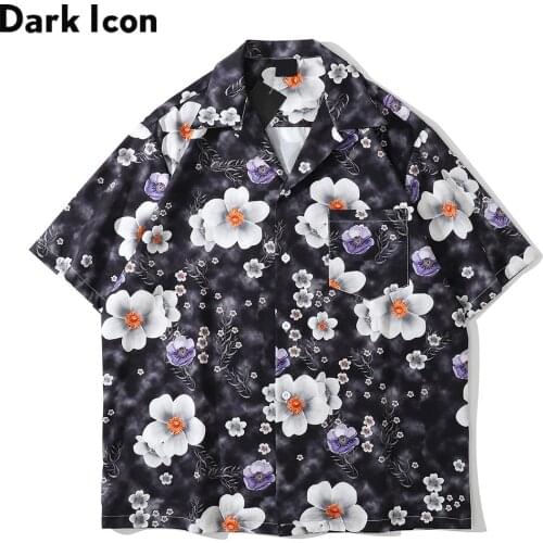 Dark Icon Floral Printed Front Pocket Mens Shirt Light Weight Thin Material Hawaiian Shirt Man Blouse