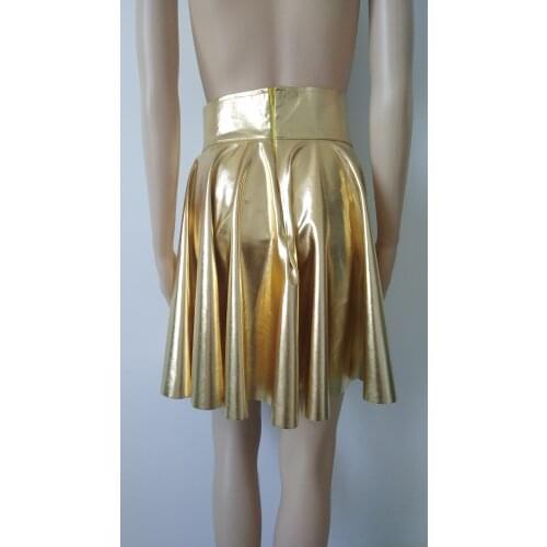 Women Metallic Shiny Solid Color Imitated Leather Skirt Mini Skater Above Knee Skirts Evening Party Skirt