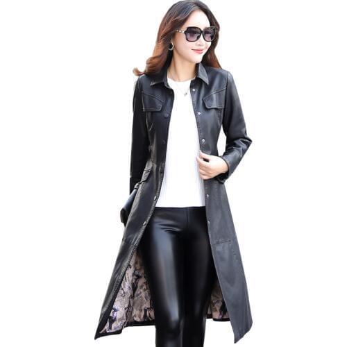 Women Long Leather Jacket 2018 New Fashion Ladies Elegant Washed PU Leather Coats Trench Female Outerwear With Belted Plus Size