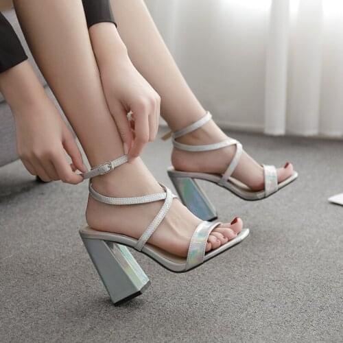 2021 New Women sandals summer laser PU leather chunky high heels shoes woman square toe cross-strap party pumps shoes silver