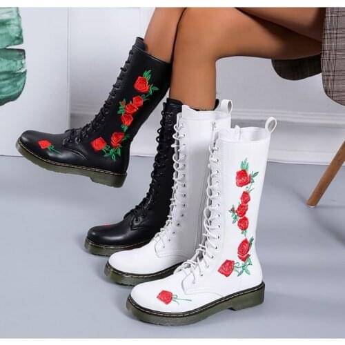 Beige Mid Calf Embroidered Embroidery Big Size Brand Women Winter Boots Genuine Leather Shoes Flower Handmade Flat High Heel2021