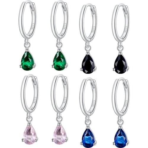 Bisaer 925 Sterling Silver Water Drop Earrings Four Color Zircon Wedding Earrings For Women Luxury Jewelry ECE1018