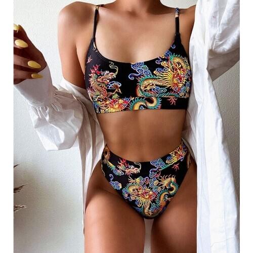 Swimwear Women Dragon Printed Bandeau High Waist Bikini Push Up Sexy Bikini Set Retro Swimsuit Female Bathing Suit