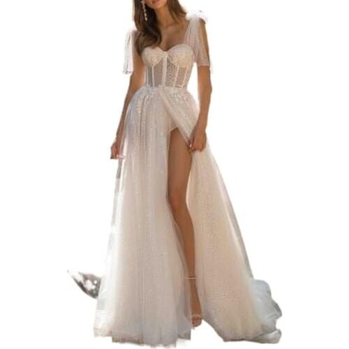 Women Long Lace Mesh Dress Ladies V Neck High Waist Party Backless Dresses Summer Spaghetti Strap Sexy Split Maxi Dress