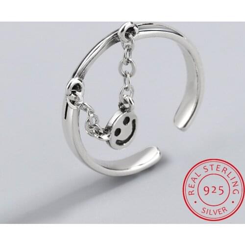 Hot Sale 100% 925 Sterling Silver Lovely Smile Face Dangle Finger Rings for Women Sterling Silver Jewelry Gift SCR147