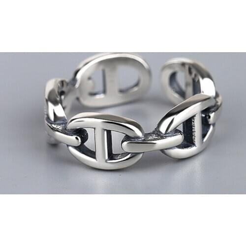 Hot sales Irregular Smooth Lock Chain Thai Silver Color Rings Adjustable Size Ring Jewelry for Women