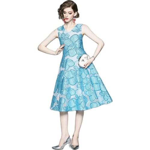 BunniesFairy 2021 Spring Celebrity-inspired Sleeveless Jacquard Mesh Patchwork Floral Print Vintage Female V-neck Blue Dress