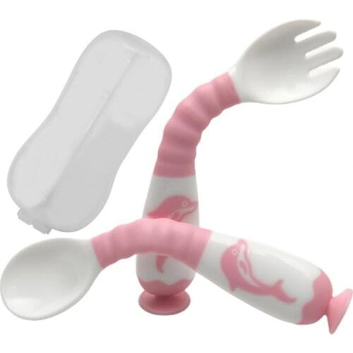 1 Set Training Tableware Suction Cup Bottom Bending Handle BPA Free Infant Training Solid Feeding Spoon Fork