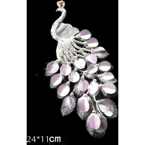 2Pcs 24*11cm small Sequins Peacock patch Decorative Artificial Pearl Peacock Cloth Dresses Bags Decorative Decals A575