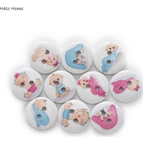 50pcs Baby Theme Round Wooden Buttons Sewing Scrapbook Clothing Gifts Crafts Handwork Accessories Jacket Blazer 15mm