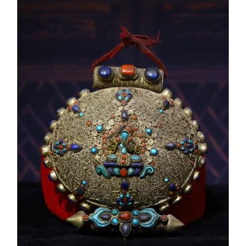 6" Tibet Buddhism Old Tibetan silver Filigree mosaic Gem turquoise Manjushri Buddha statue Gawu box Buddha box