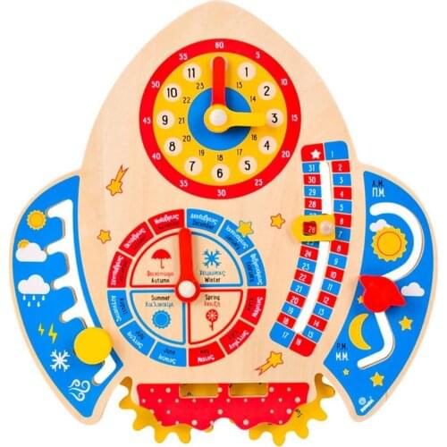 Novel Toddlers Infant Wooden Rocket Shape Toys Kids Clock Early Educational Learning Toy Montessori Wooden Toys Teaching Time