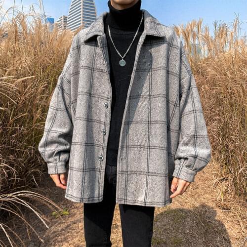 Spring And Autumn Wool Jacket Mens Korean Fashion Loose Casual Plaid Jacket Mens Harajuku Wild Streetwear Woolen Jacket Men