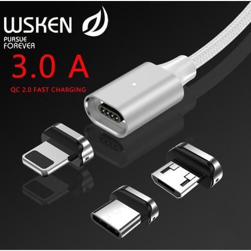 WSKEN X2 Magnetic Cable Micro USB Type C 3A Fast Charging for iPhone XS XR Charger Cable Type-C USB-C for Samsung S9 S8 Adapter