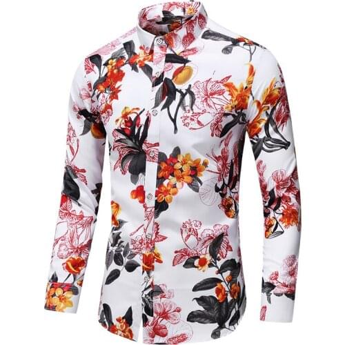 Men Slim Long Sleeve Casual Flower shirt Fashion Printed Male Hawaiian Holiday Party Beach Shirts Camisa Masculina Plus Size