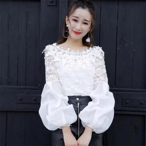 20 New Summer Sweety Girl Mesh Shirt Spring Puff Sleeve Blousas White Women Off Shoulder Lace Blouse Basic Tops Bottomings 321